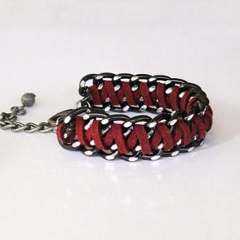 Oxblood Braided Chain Bracelet, Braided Cuff Bracelet, Black Chunky Chain and Fiber in Burgundy Red