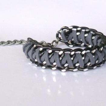 Graphite grey - Braided Chain Bracelet - Braided Cuff Bracelet - Black Chunky Chain and Fiber in Black and Grey