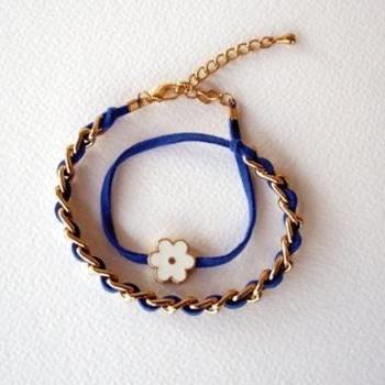 Double Wrap Bracelet, Cobalt Blue, Gold Chain, White Daisy Enammeled Bead, Fashion Bracelet