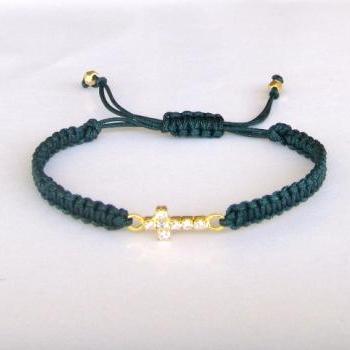 Rhinestone Cross Charm Bracelet - Macrame Friendship Bracelet - Dark Cactus Green and Gold - Layering bracelet