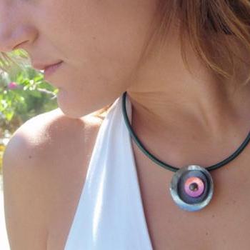 Fall Winter Fashion Necklace - Round Shell Pendant Necklace - Grey Green 