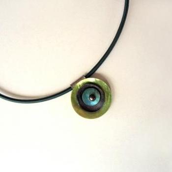 Shell and Leather Unique Pendant Necklace - Light Green and Blue - Fall Winter Fashion Necklace - Round Leather Pendant